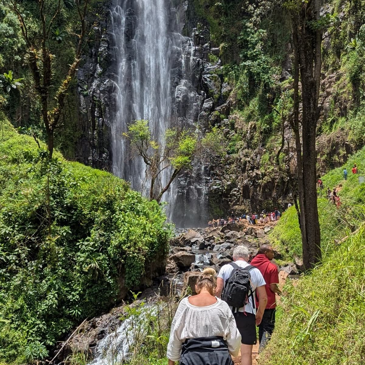 Guests hiking to the Materuni waterfall